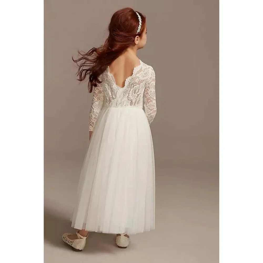 NWT David's Bridal White Tulle Lace Dress Girl 5 Flower‎ Formal Wedding Occasion